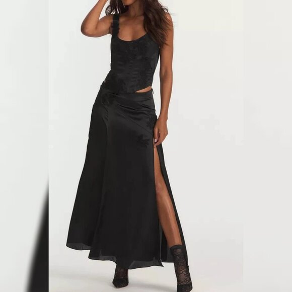 LoveShackFancy Ziggy Maxi Skirt XS 4 FR 34 Flared Partywear Slit Black NEW 42476